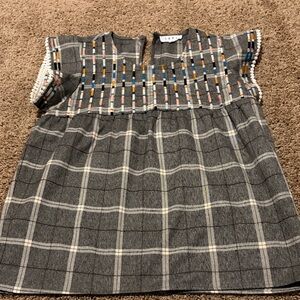 THML Gray Plaid Top with Embroidered Accents